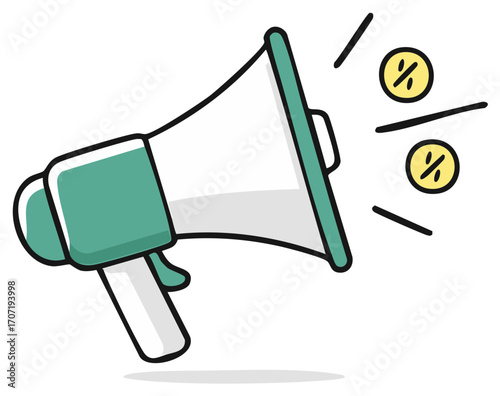 Megaphone with percentage symbols, illustration for promotion and discounts.