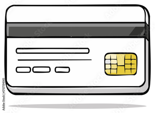 Illustrated credit card with chip and magnetic strip for payment transactions