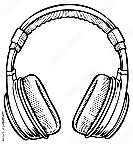Headphones hand drawn illustration, isolated listening device, audio equipment for music, sketch