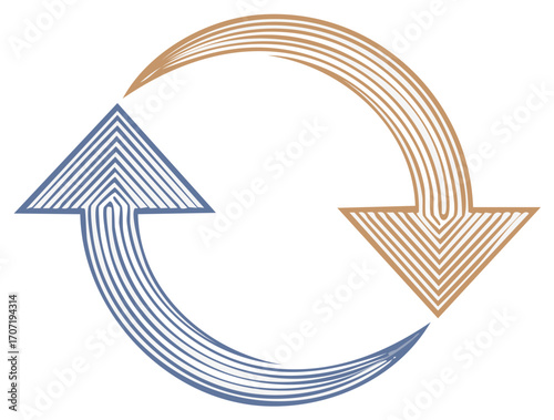 Circular arrows illustrating cyclical flow, featuring an up and down directional movement, crafted with fine parallel lines