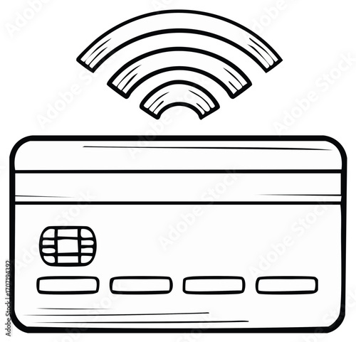 Contactless payment credit card symbol, wifi signal, outline illustration
