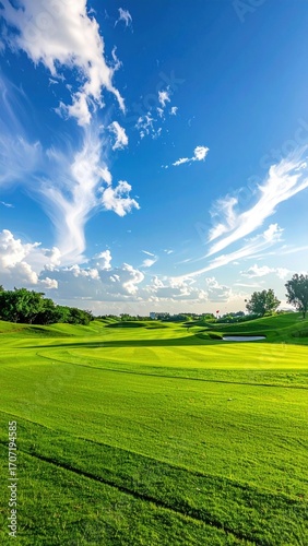 A vivid vertical view of a verdant golf course under a brilliant blue sky with white, wispy clouds stretching across the horizon