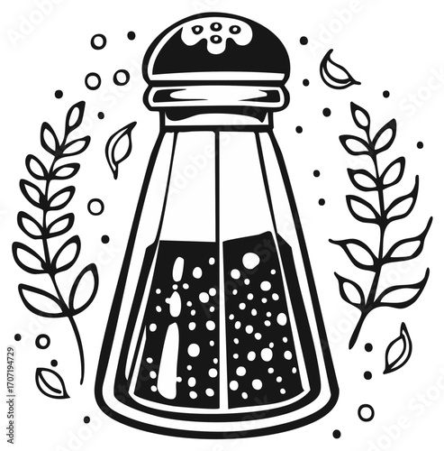 Salt shaker illustration surrounded by herbs in black and white doodle style