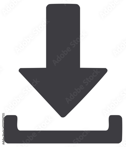 Download icon design element. Arrow symbol points downwards in the box. Downloading, save or upload concept.