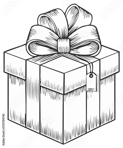 Elegant gift box with a large bow and tag in a vintage engraving style