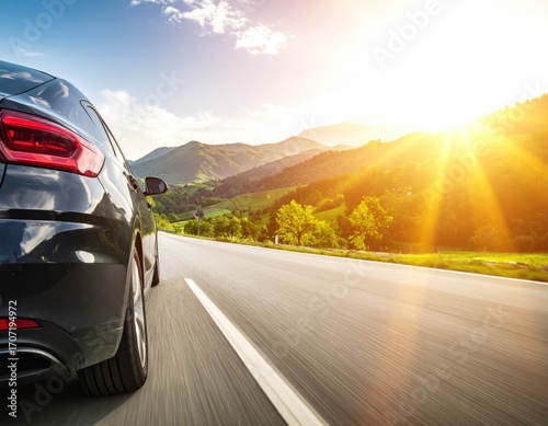 Sleek dark car on a highway at sunset. Mountains and sky in the background. motion blur on the road for speed