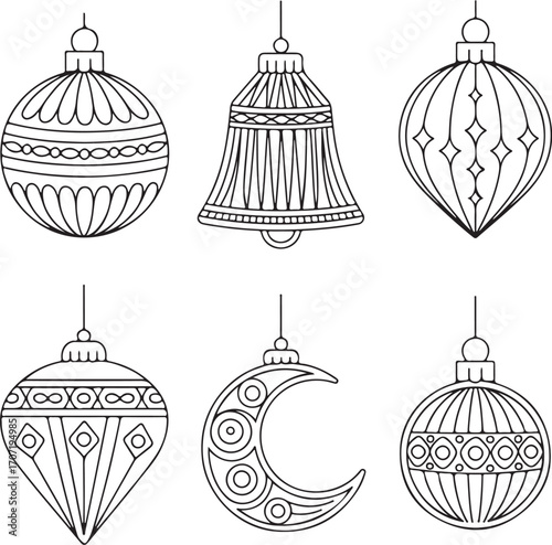 Set of six outline Christmas ornaments including baubles bell and moon decoration vector
