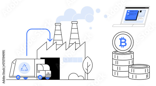 Recycling truck unloading materials at a factory, emissions from chimneys, laptop with dashboard, and stack of Bitcoin coins. Ideal for sustainability, recycling, technology, cryptocurrency