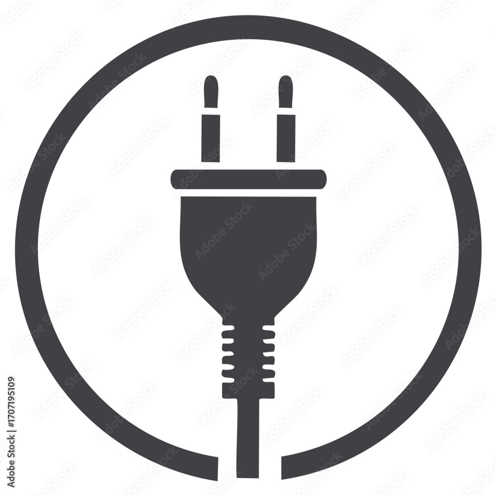 Two pin electrical plug icon inside a circular outline symbolizing electricity energy connection and power supply Two pin electrical plug icon inside a circular outline symbolizing electricity energy connection and power supply