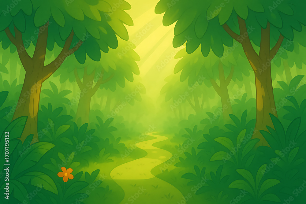 Fototapeta premium Lush Green Forest Path with Sunlight 1.