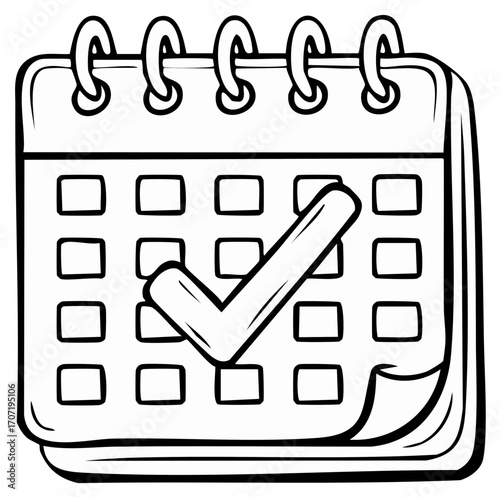 A black and white line art drawing of a spiral calendar with a checkmark symbolizing a saved date or appointment