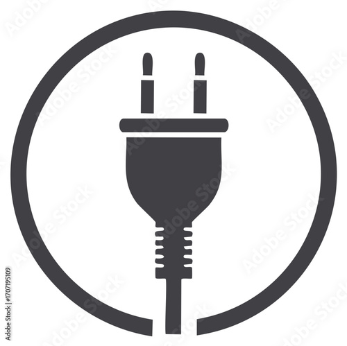 Two pin electrical plug icon inside a circular outline symbolizing electricity energy connection and power supply