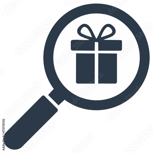Magnifying glass icon looking at a gift box, present concept