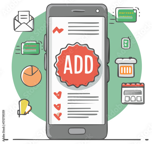 Modern smartphone display shows a checklist task list and various business related icons.