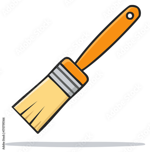 Flat paintbrush with orange handle and light yellow bristles angled for painting
