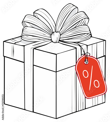 Gift box with ribbon and red discount tag featuring percentage symbol