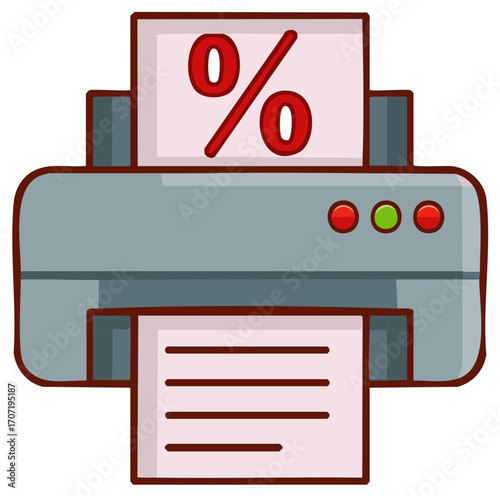 Cartoon Office Printer Printing a Financial Document with a Percentage Symbol