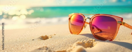 Stylish summer sunglasses reflecting vibrant sunlight on a sandy beach  Perfect for travel, vacation, and summer fashion promotions  Enjoy the sunny vibes!, sunglasses,  glamour