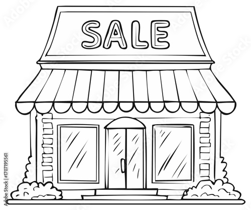 Illustration of a small shop facade with a Sale sign on the awning simple drawing