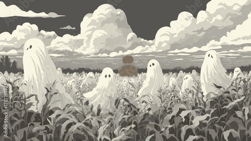 Stylized Halloween ghosts wandering through eerie cornfield with dramatic cloudy background vector illustration.