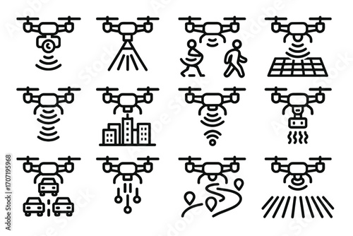 Drone vector route following icon scanning icons spotlight radar surveillance above camera