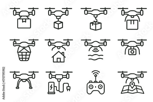 Dropping drone flying hook flight camera house icon vector collection package