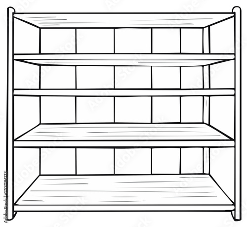Open Wooden Bookshelf with Multiple Shelves and Compartments Line Drawing