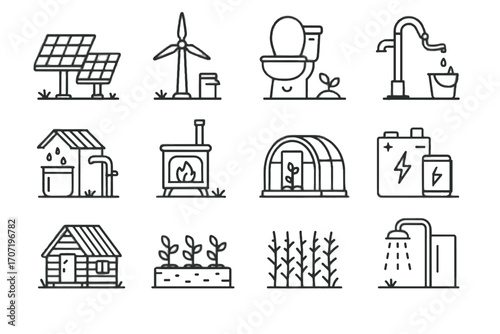 Pump turbine water grid vector eco battery compost toilet off icon garden