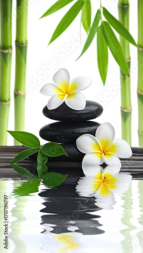 Zen arrangement of stacked stones, frangipani, bamboo, leaves, water reflection, against a white background