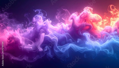 A mystical cloud of vibrant purple, blue, and pink smoke swirling gracefully against a dark background, creating a dynamic and abstract design