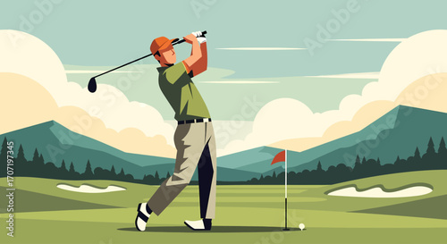 In a clean, modern art style, a focused golfer completes a powerful swing on a tranquil course with a scenic mountain vista