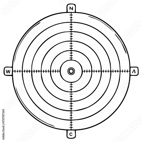 Hand Drawn Compass Rose with North South East West Markings and Concentric Circles
