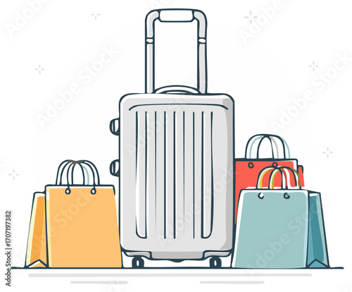 Wheeled Travel Luggage With Colorful Shopping Bags Ready for an Adventure