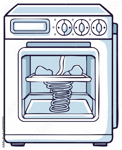 Funny cartoon oven with a mysterious spring-like structure inside, whimsical design