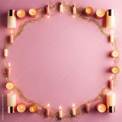 Top view frame with ample copy space, adorned with multiple candles of varying heights and styles, surrounded by a scatter of fine, shimmering glitter particles,