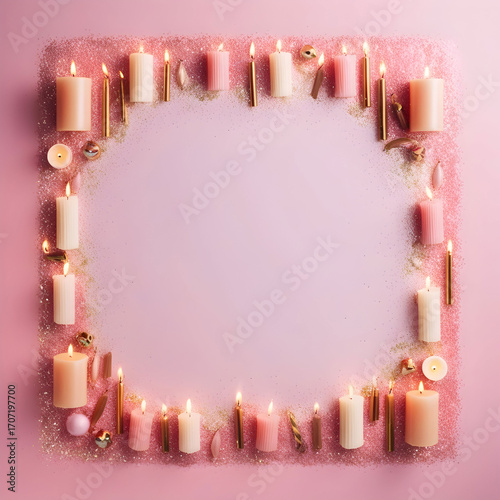 Top view frame with ample copy space, adorned with multiple candles of varying heights and styles, surrounded by a scatter of fine, shimmering glitter particles,
