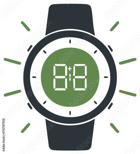 Digital wristwatch with green display showing time and glowing rays