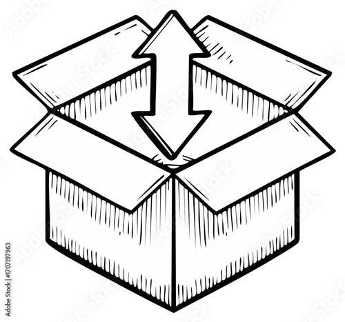Open cardboard box with an up and down arrow symbol sketched in black and white