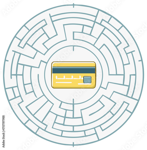 Credit card in a maze illustration. Conceptual graphic for security and access.