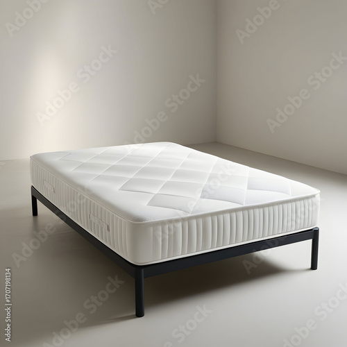 A double bed with a pristine white mattress, devoid of any bedding or decor, situated in a neutral and isolated environment, with a smooth and uncluttered floor surrounding it,