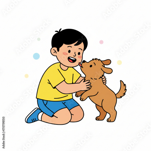 "A happy boy is playing with his cute puppy. The puppy is licking his face, and they both look very cheerful.