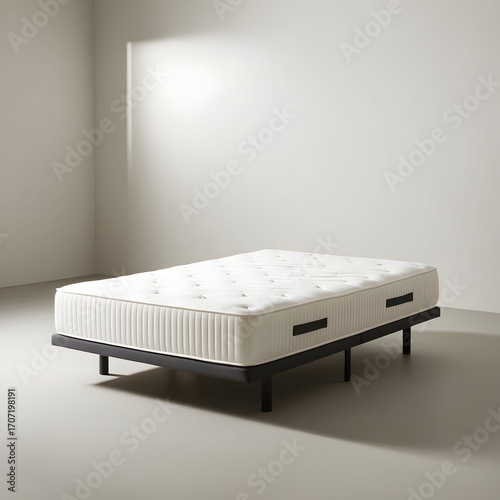 A double bed with a pristine white mattress, devoid of any bedding or decor, situated in a neutral and isolated environment, with a smooth and uncluttered floor surrounding it,