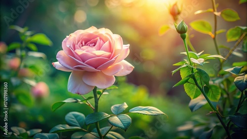 A Delicate Pink Rose Blossom Bathed in Golden Sunlight, Gracefully Emerging Amidst Lush Green Foliage, Symbolizing Natural Beauty and Tranquility