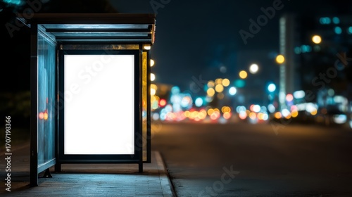 Blank advertising billboard stands ready at the bus stop in the city night attracting commuters