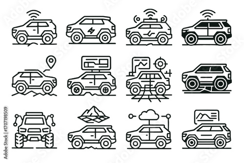 Vehicle suv connected off terrain road navigation futuristic icon vector car pathfinder
