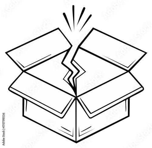 Open Cardboard Box with a Jagged Crack and Burst Lines