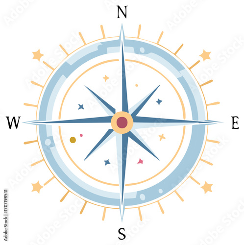 Stylish vector compass rose illustration showing directions with star and sun motifs.