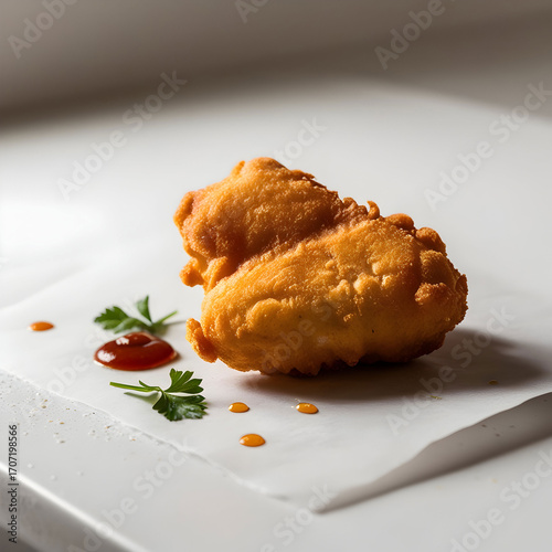 A crispy and juicy deep-fried chicken nugget, golden brown in color,