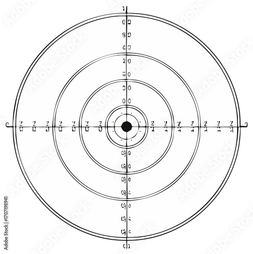 Monochrome target practice board with concentric circles, aiming crosshairs, and score markings