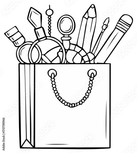 Coloring page of a shopping bag filled with art supplies makeup and accessories